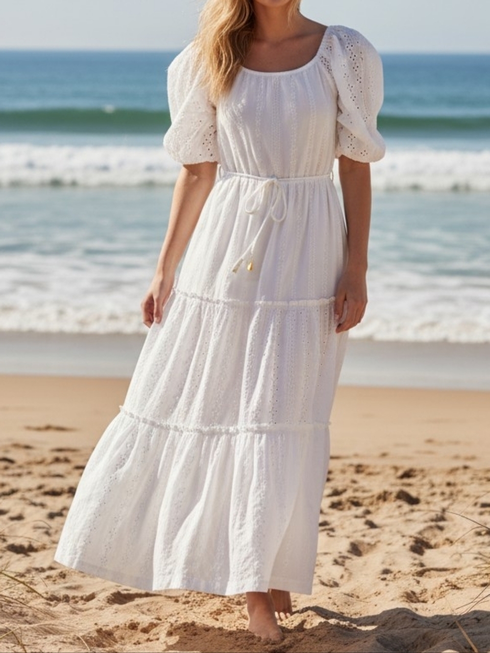 Draper James White Eyelet Maxi Dress Womens Small Cotton Tiered Puff Sleeves EUC